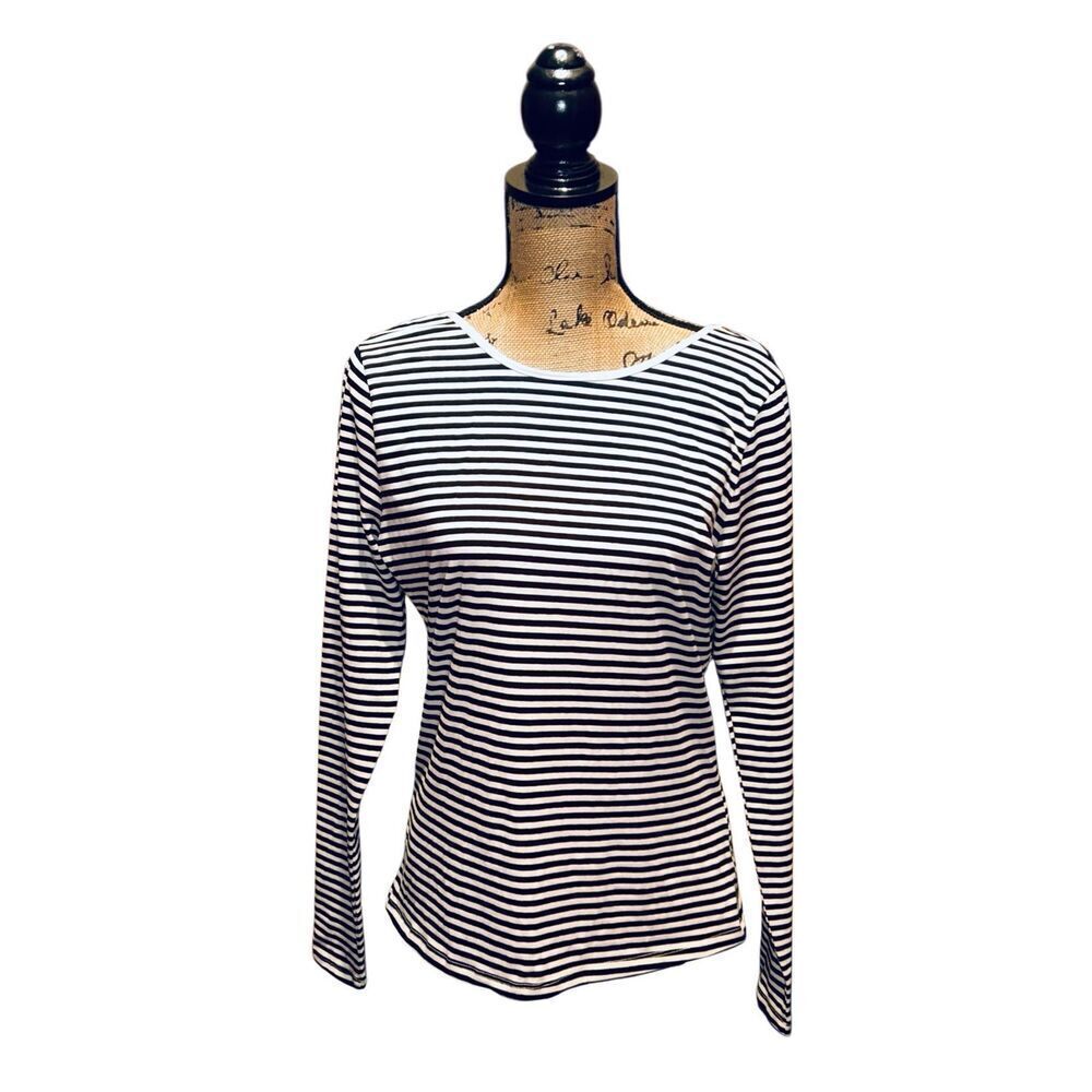 H&M Black & Ivory T-Shirt Plunge Back Striped Size L
